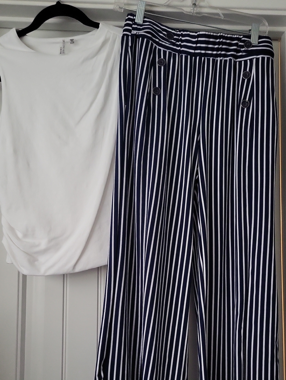 Nautical Stretch Waist Navy & White Striped Wide-Leg Pants And Stretch Shirt